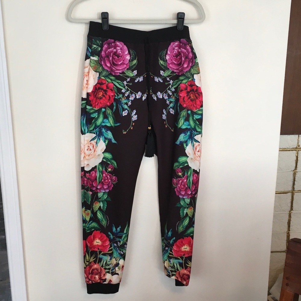 Floral Print Jogger Pants - Black with Multicolor Blooms